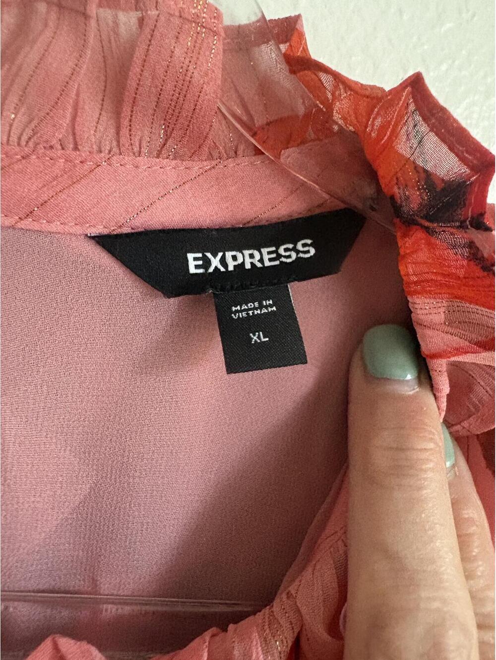 Express | Beautiful Silky Pink Red Brown Floral Gold Ruffle Cap Sleeve Blouse XL - Picture 6 of 9